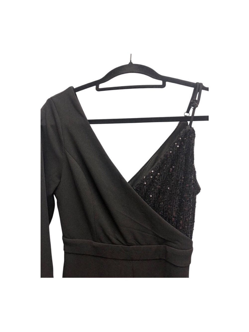 Lulus Elegant Black One-Shoulder Jumpsuit with sequins. - Picture 4 of 6
